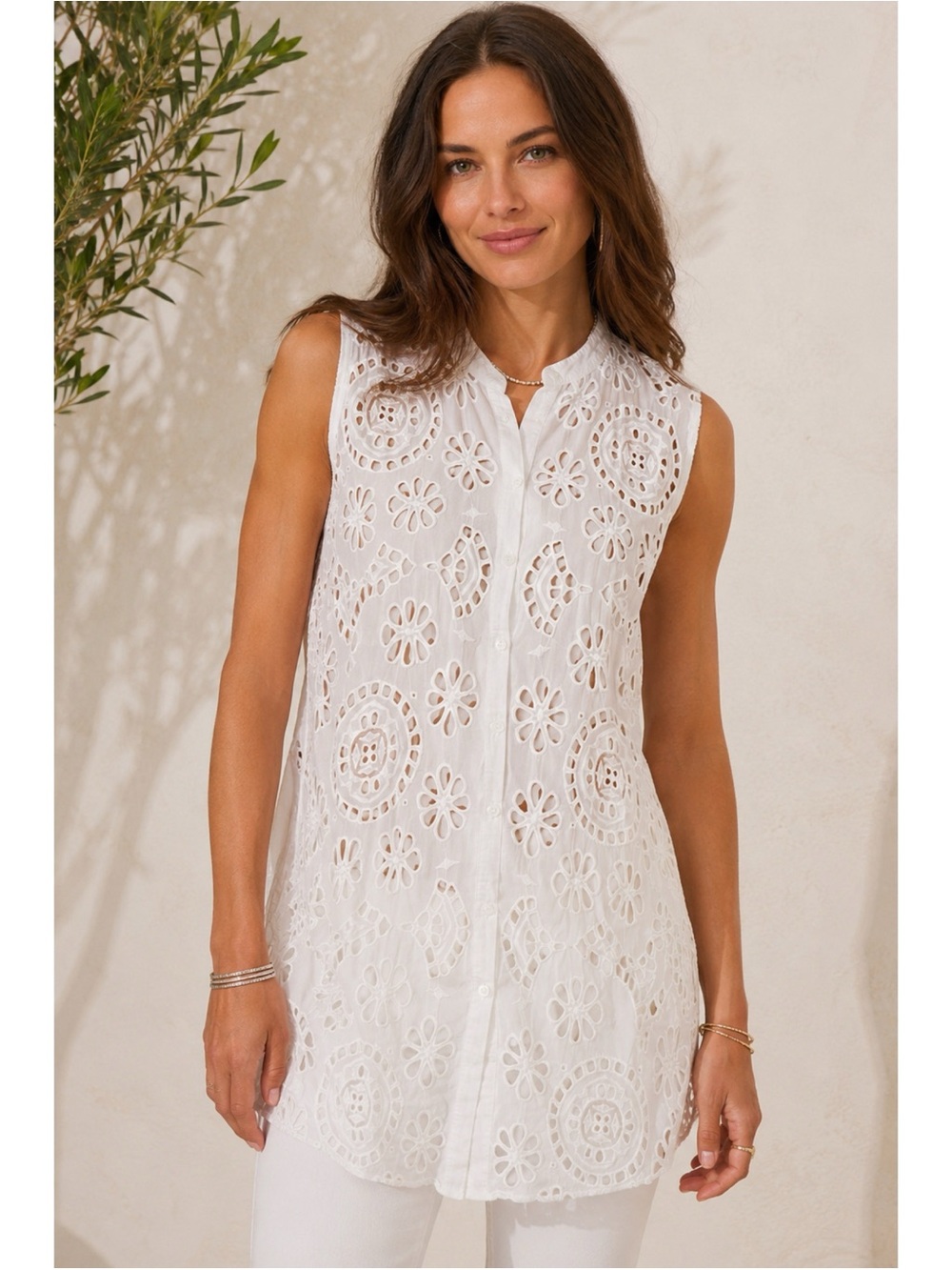 Johnny Was Camioni Tunic Top Embroidered Open Lace Eyelet Boho Festival  Sz M